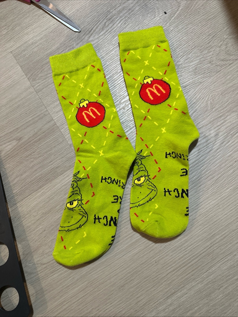 McDonald's Lime Green Grinch Holiday Crew Socks with Red Ornament Accent